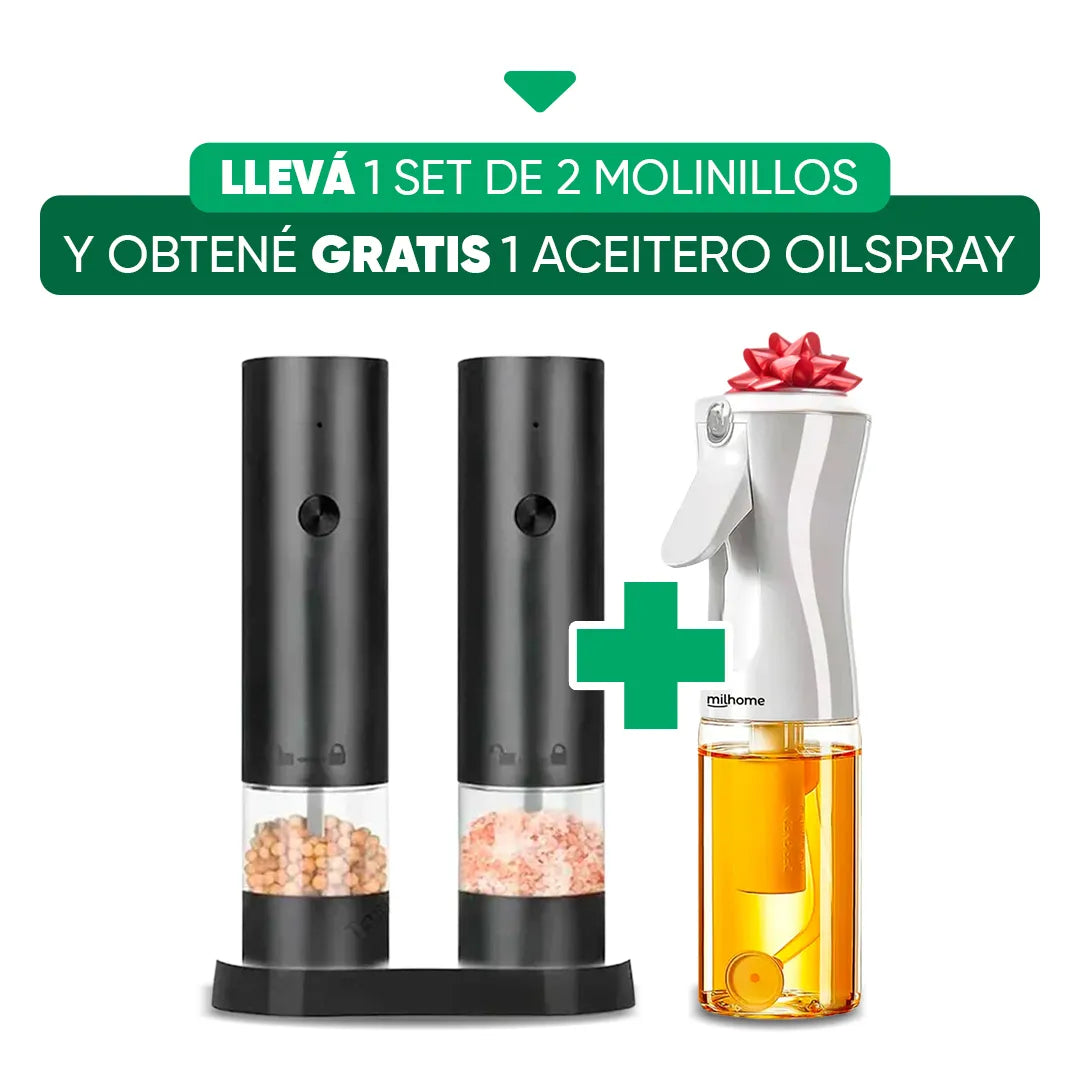 Pack Oferta Set de 2 Molinillos + Aceitero Spray