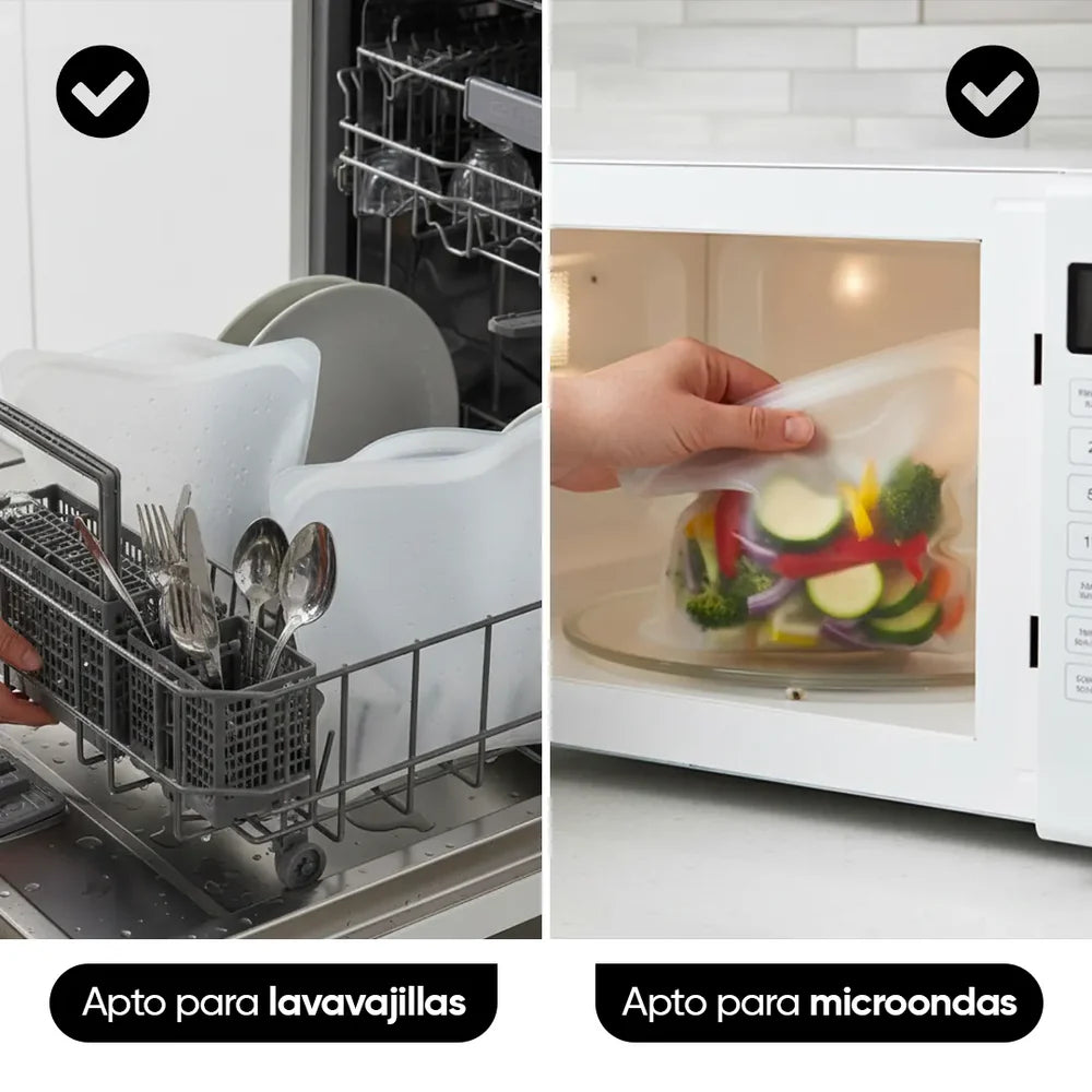 Pack Oferta Bolsas Gruesas Reutilizables + Contenedor Liquidos Milhome