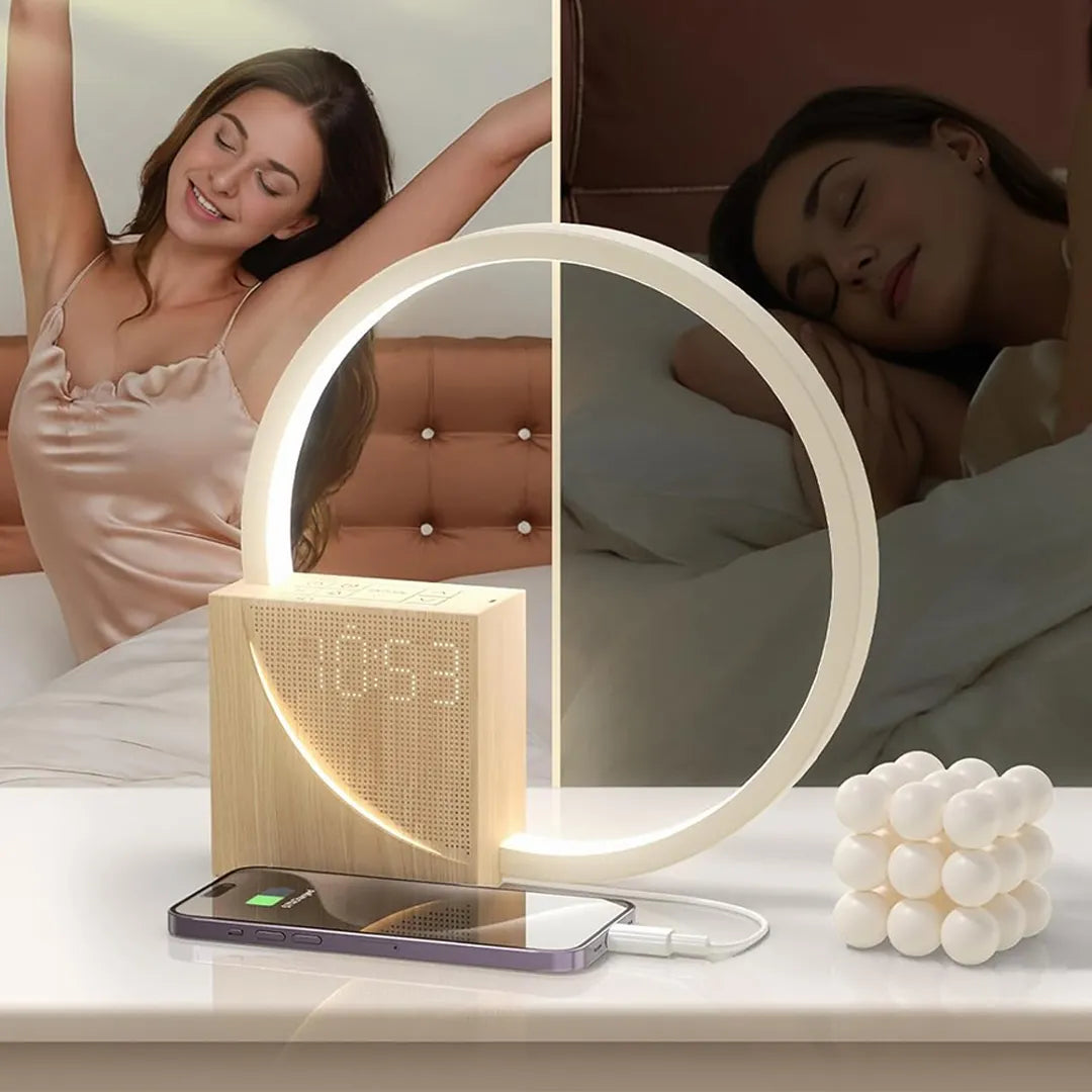 Lampara Veladora con Reloj Simil Madera + Maquina de Sonido