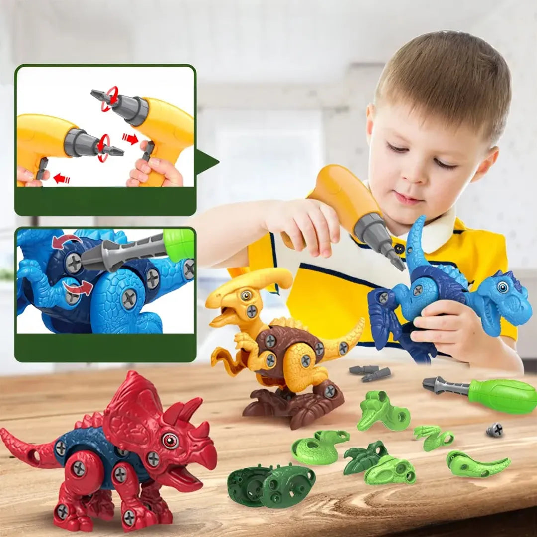 Set de 4 Dinosaurios de Juguetes Desarmables mas Taladro