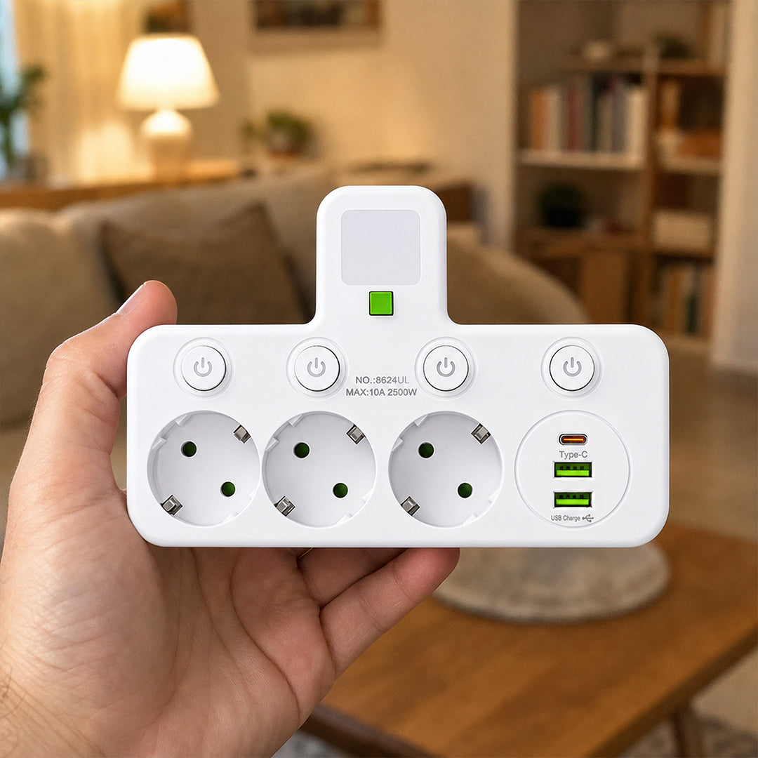 Adaptador Múltiple Schuko 3 Tomas + USB y Tipo C con Luz LED