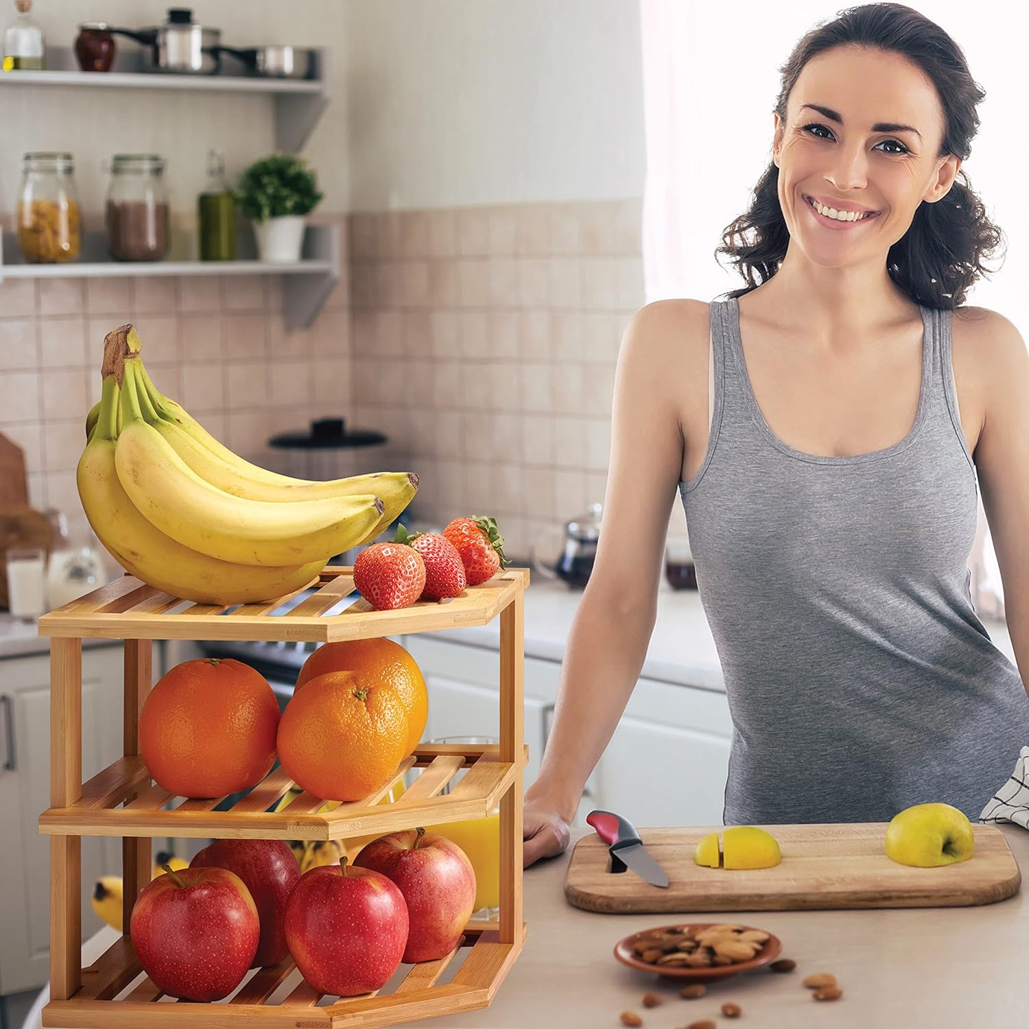 Organizador de Platos 3 Niveles en Bambú Ahorra Espacio