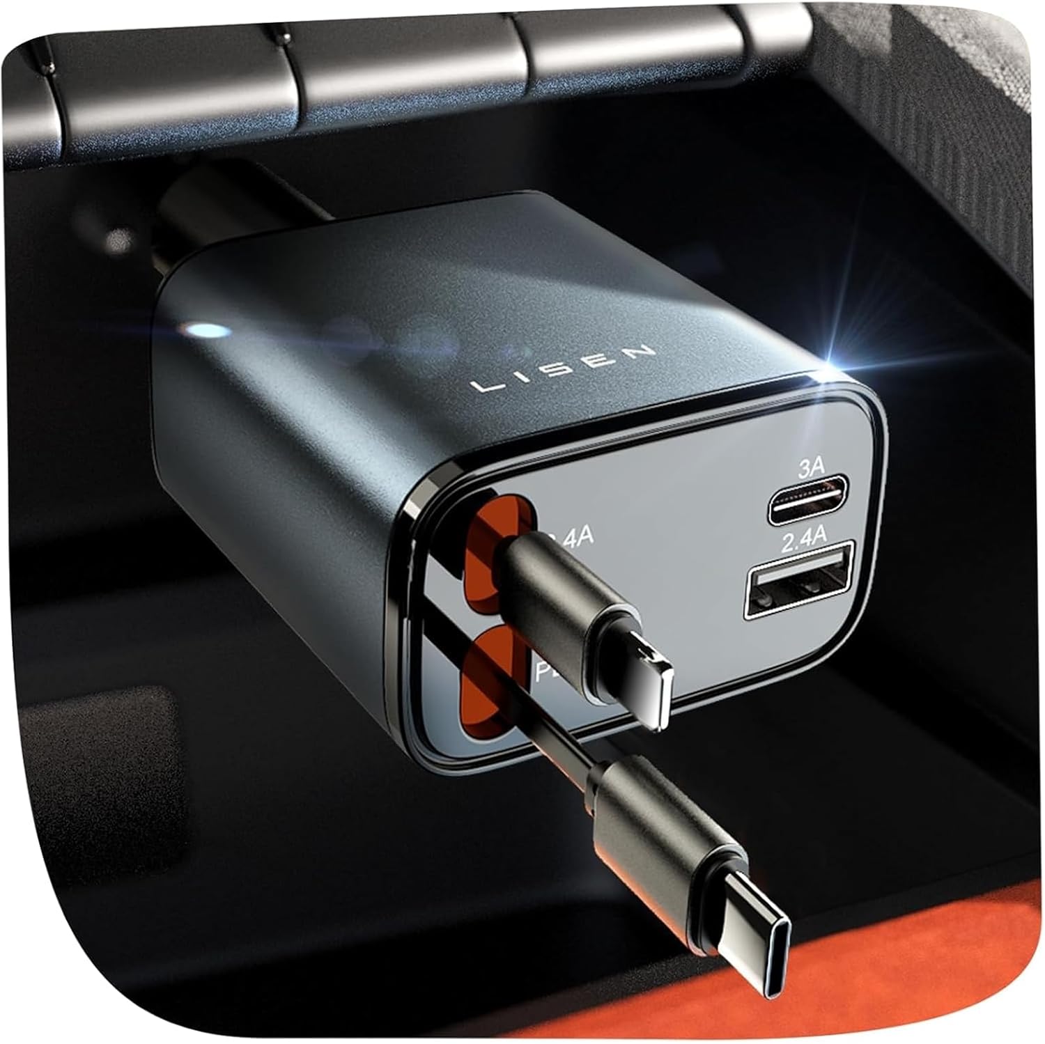 Cargador de Auto LISEN con Cables Retractil 4 en 1