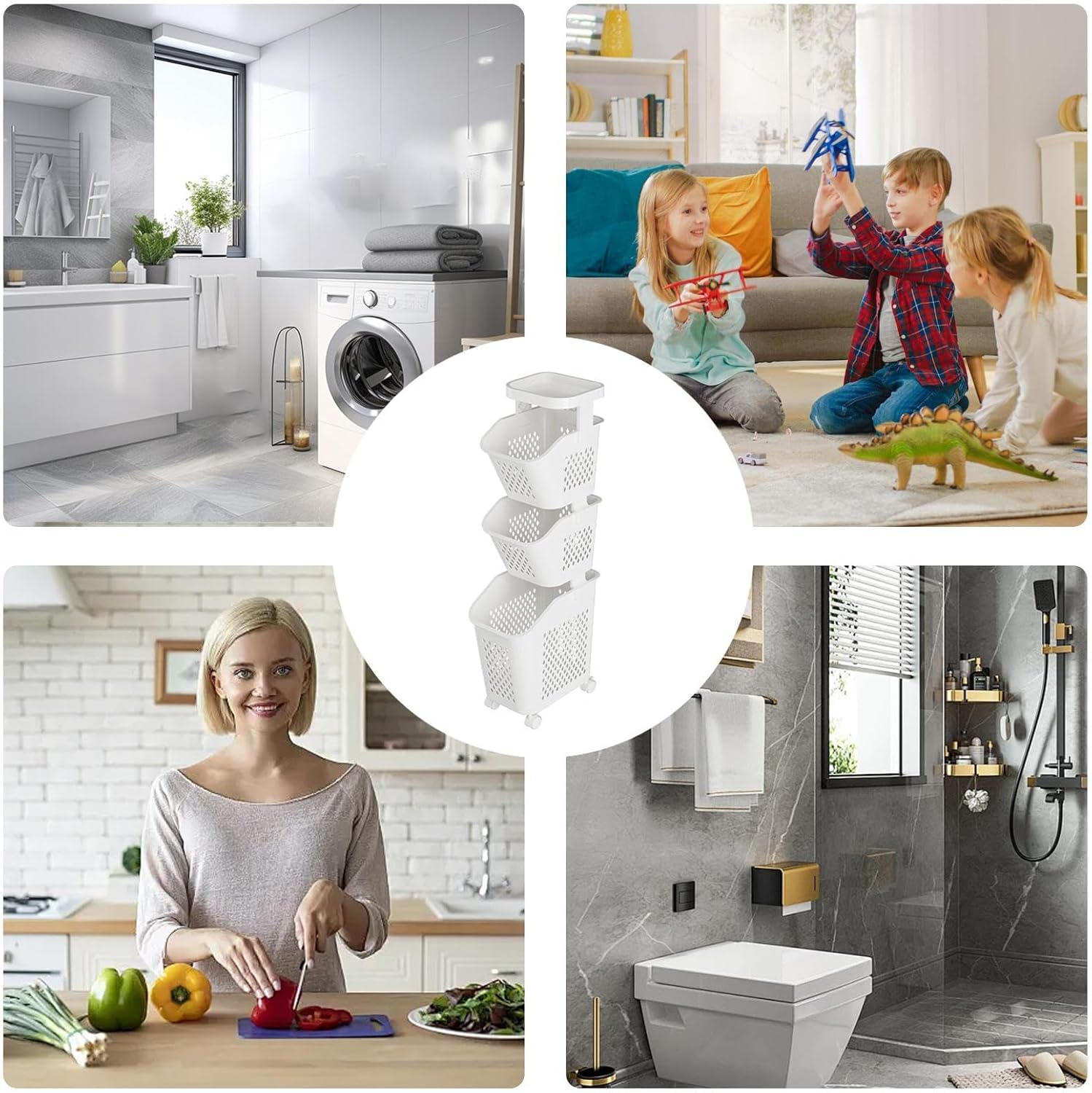 Organizador Apilable de Ropa con Tres Canastos y Ruedas