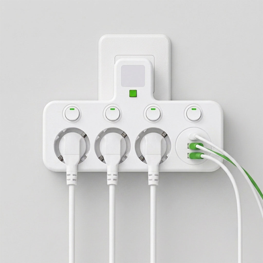 Adaptador Múltiple Schuko 3 Tomas + USB y Tipo C con Luz LED