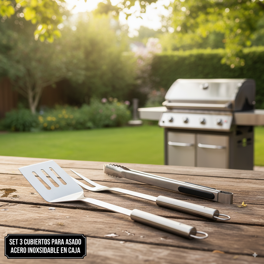 Set 3 Cubiertos para Asado Acero Inoxidable en Caja