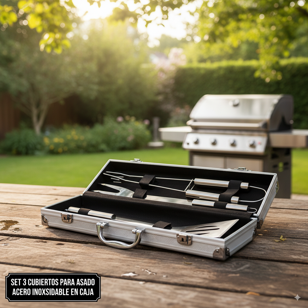 Set 3 Cubiertos para Asado Acero Inoxidable en Caja