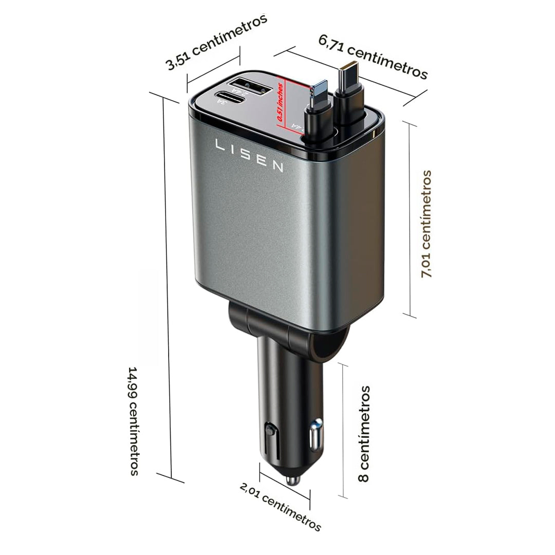 Cargador de Auto LISEN con Cables Retractil 4 en 1