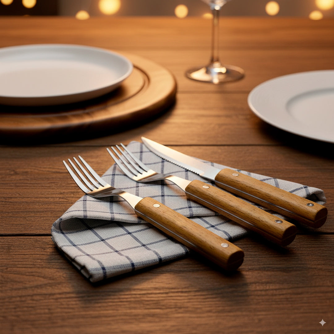 Set 8 Piezas Cuchillo y Tenedor en Madera Calidad Superior