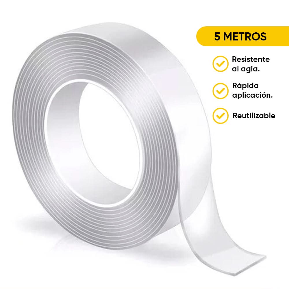 Cinta de Doble Faz Transparente Pegamucho de 5m Leisel