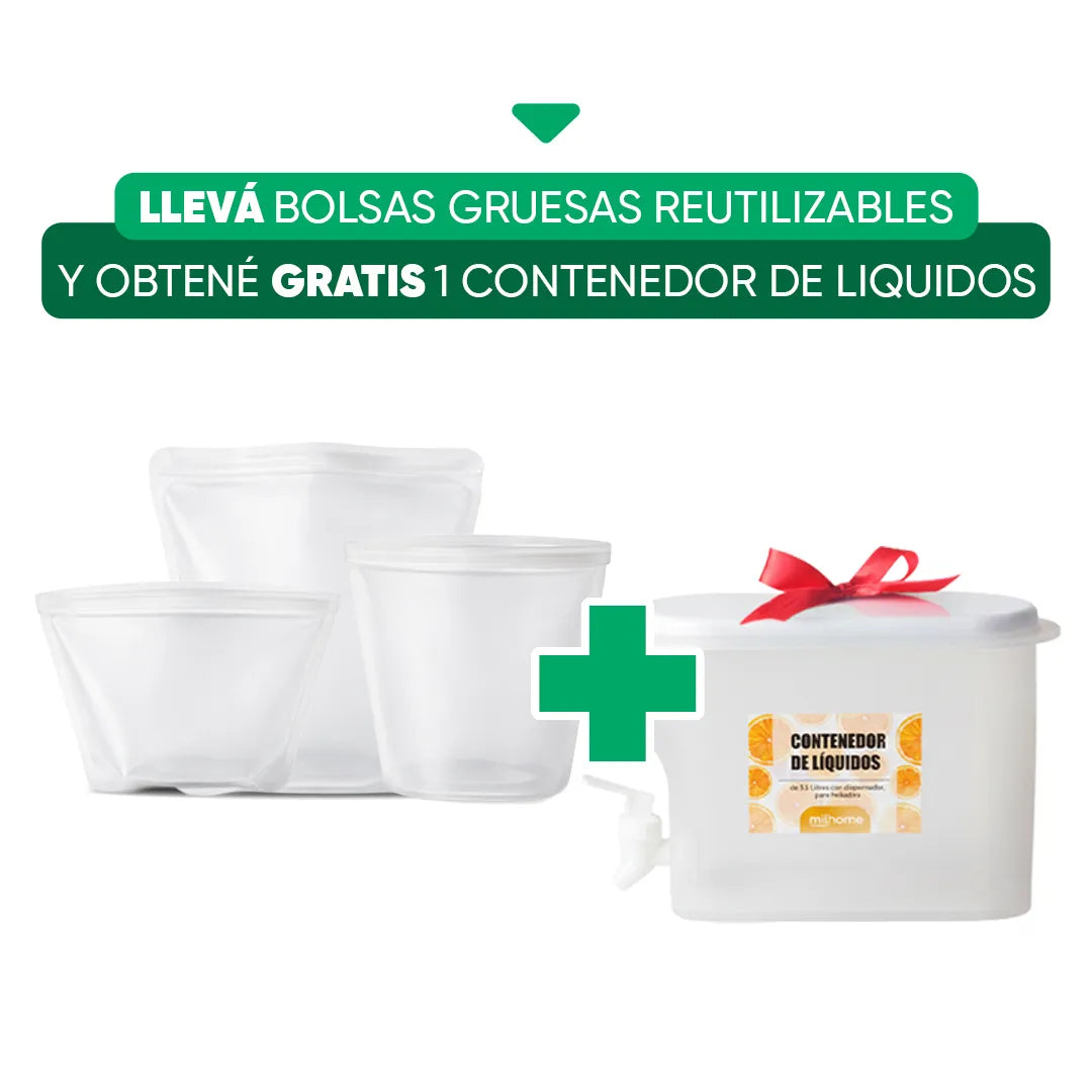 Pack Oferta Bolsas Gruesas Reutilizables + Contenedor Liquidos Milhome