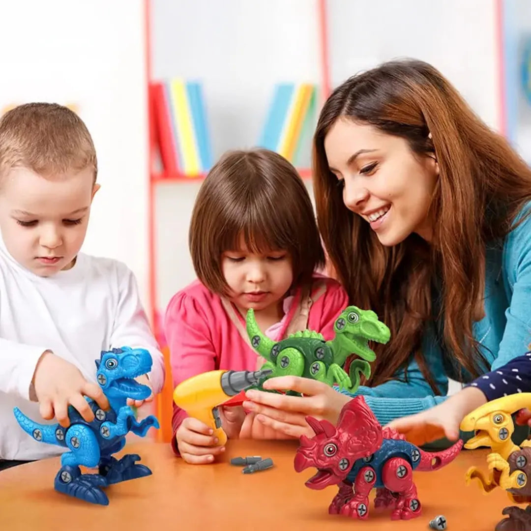 Set de 4 Dinosaurios de Juguetes Desarmables mas Taladro
