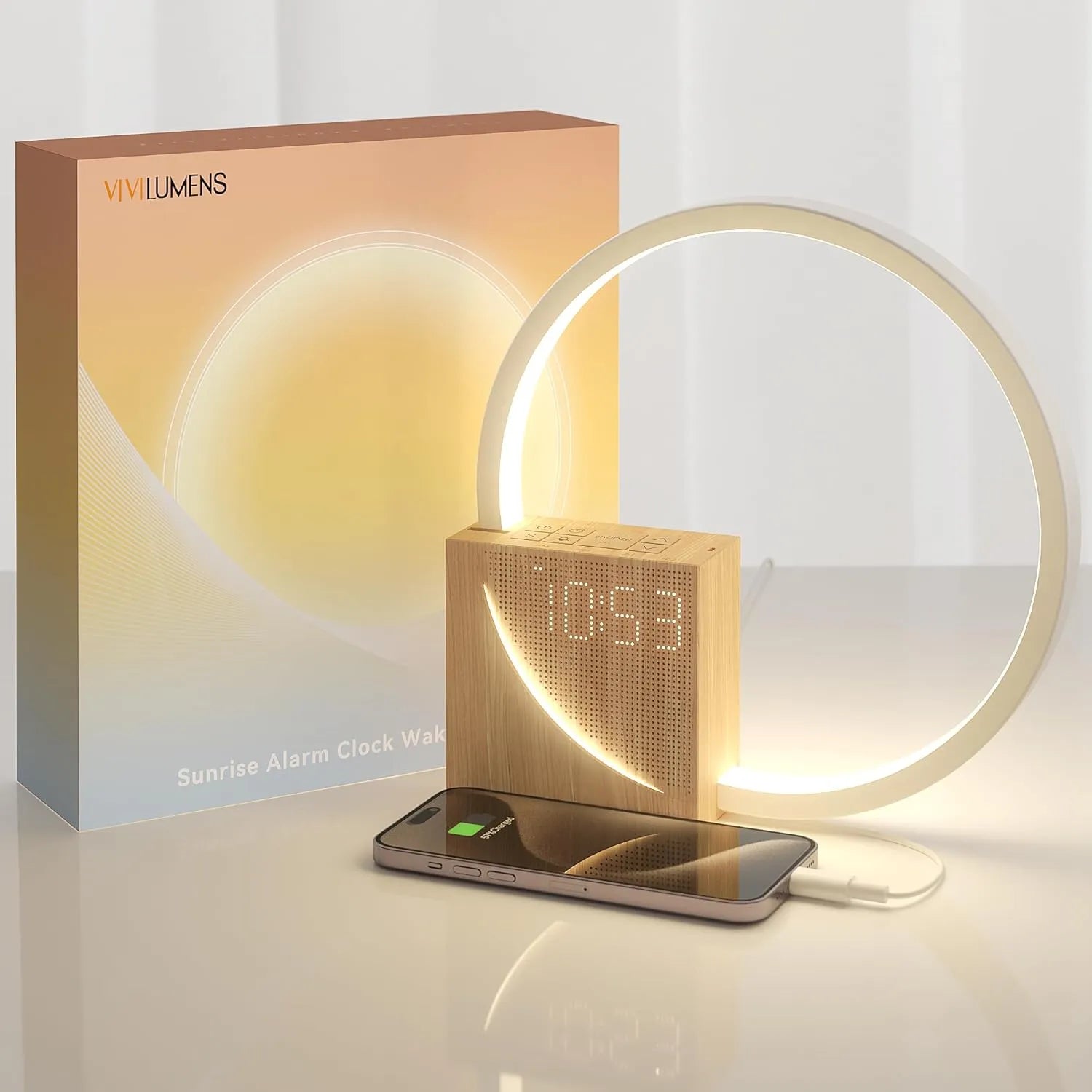 Lampara Veladora Circular con Reloj Simil Madera