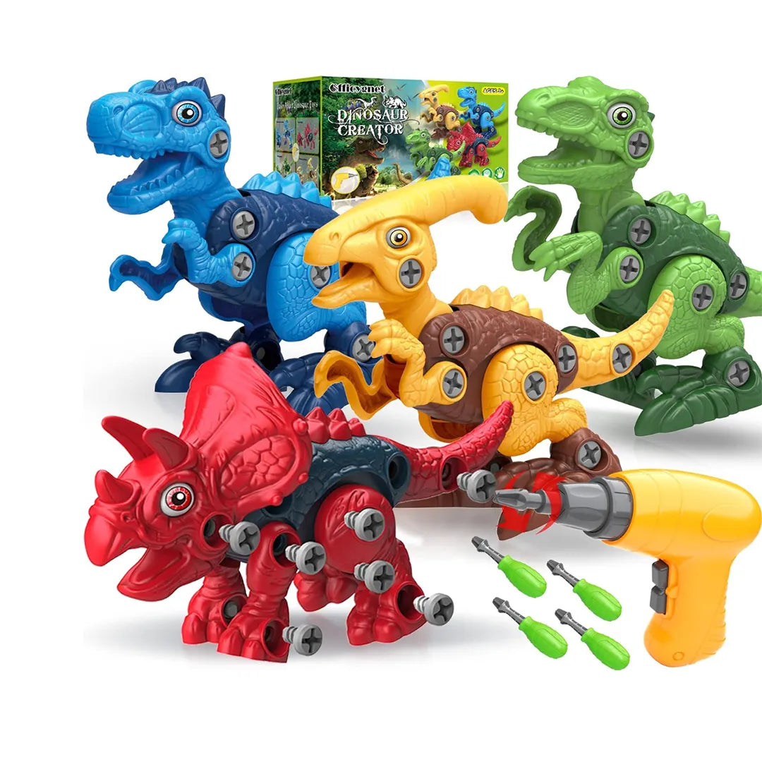 Set de 4 Dinosaurios de Juguetes Desarmables mas Taladro