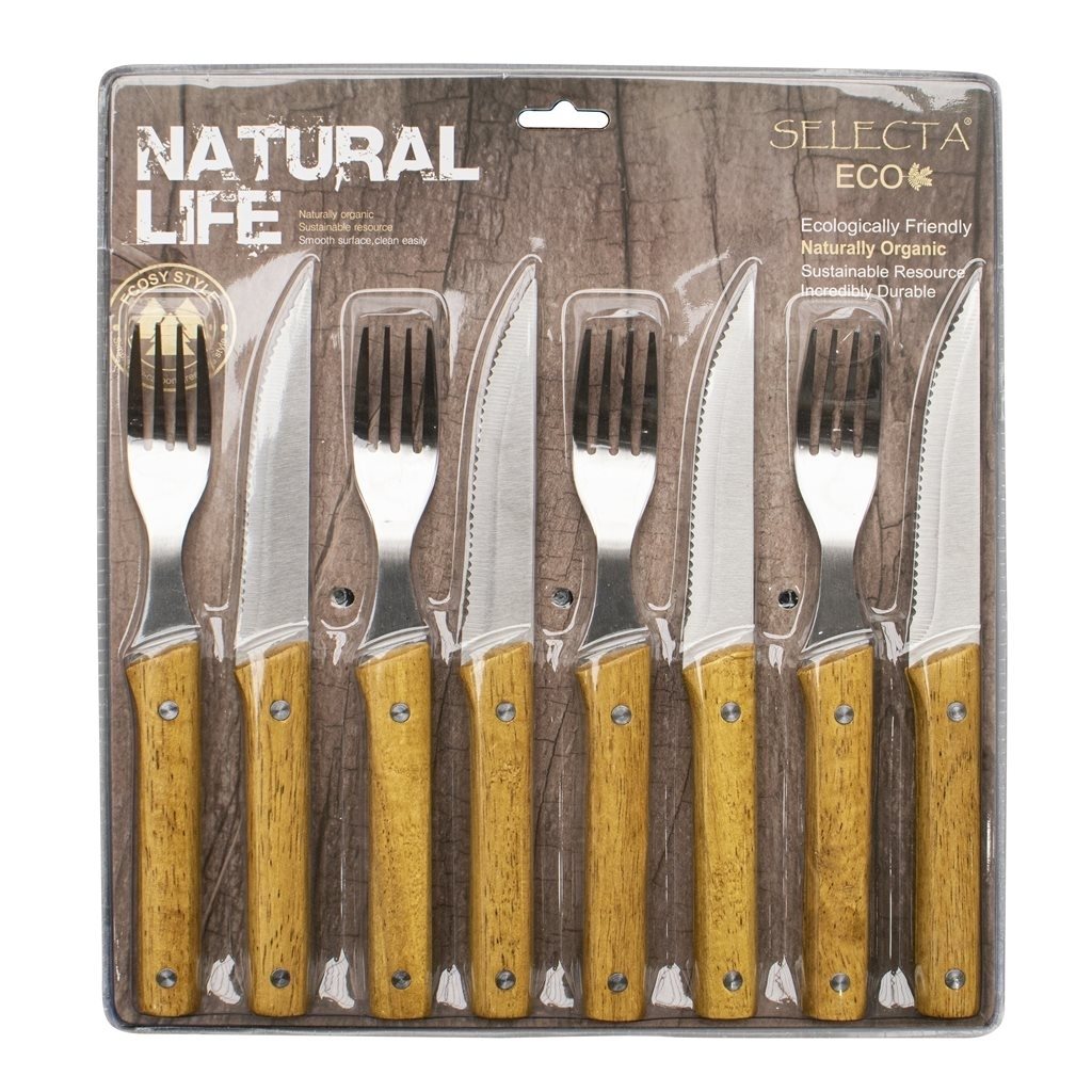 Set 8 Piezas Cuchillo y Tenedor en Madera Calidad Superior