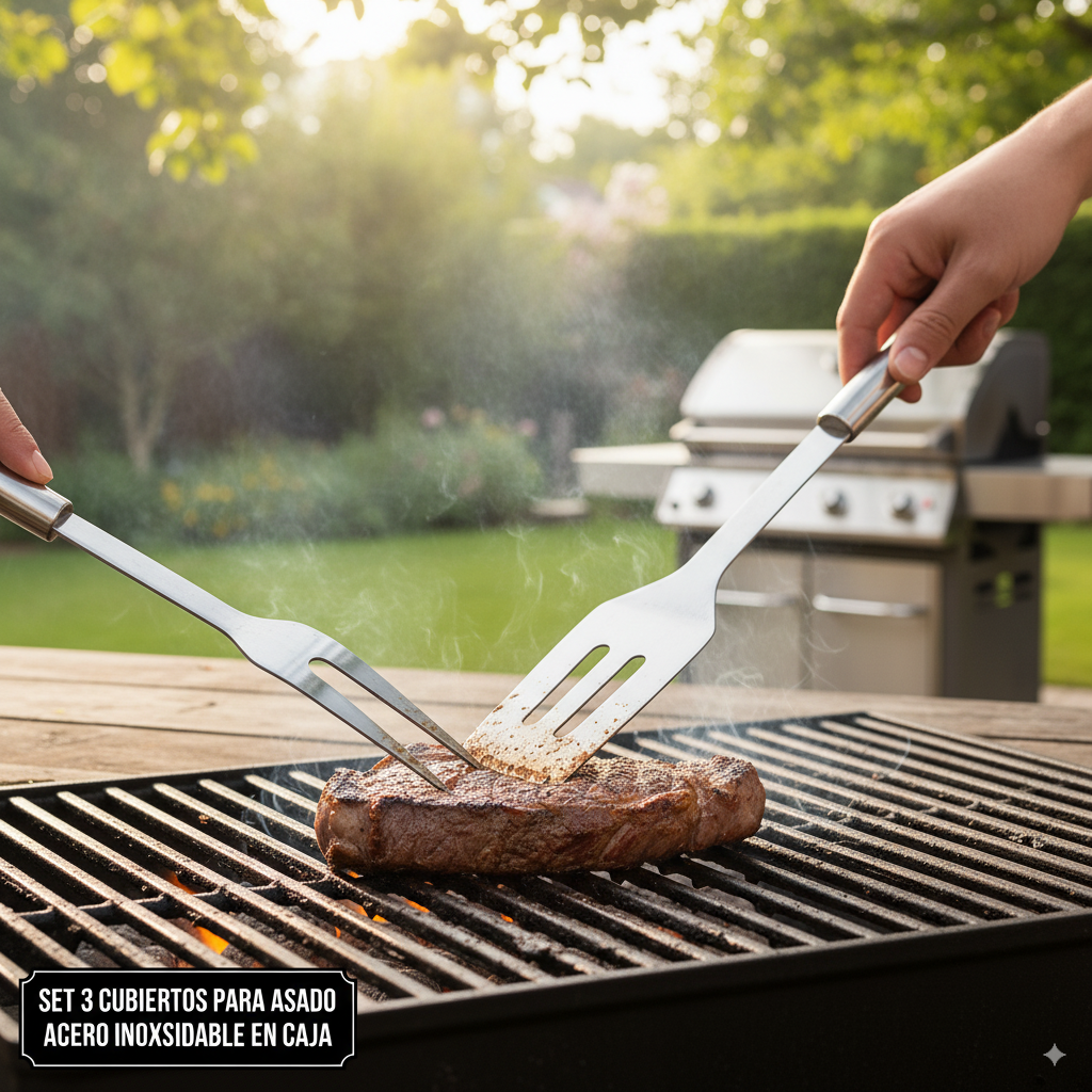 Set 3 Cubiertos para Asado Acero Inoxidable en Caja
