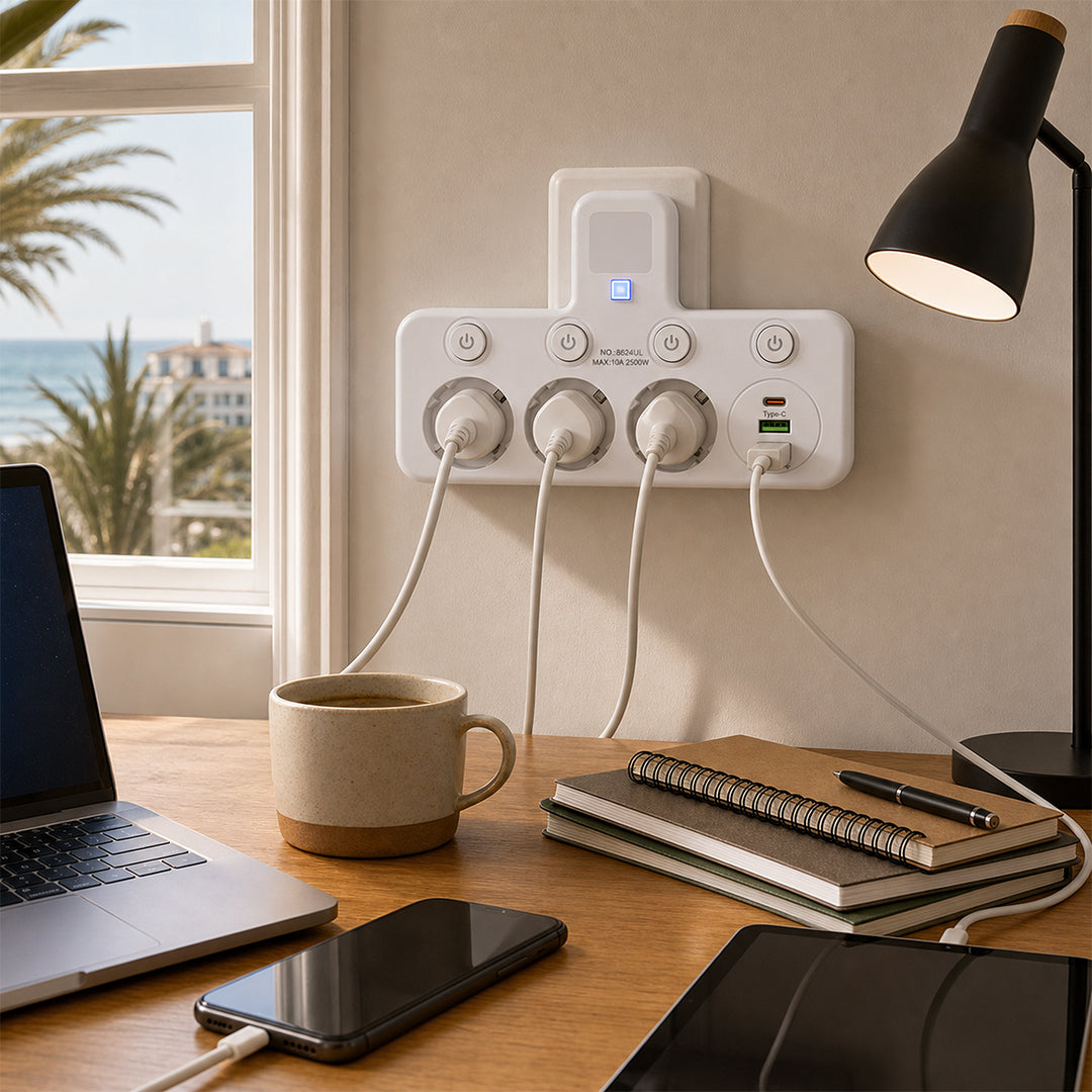 Adaptador Múltiple Schuko 3 Tomas + USB y Tipo C con Luz LED