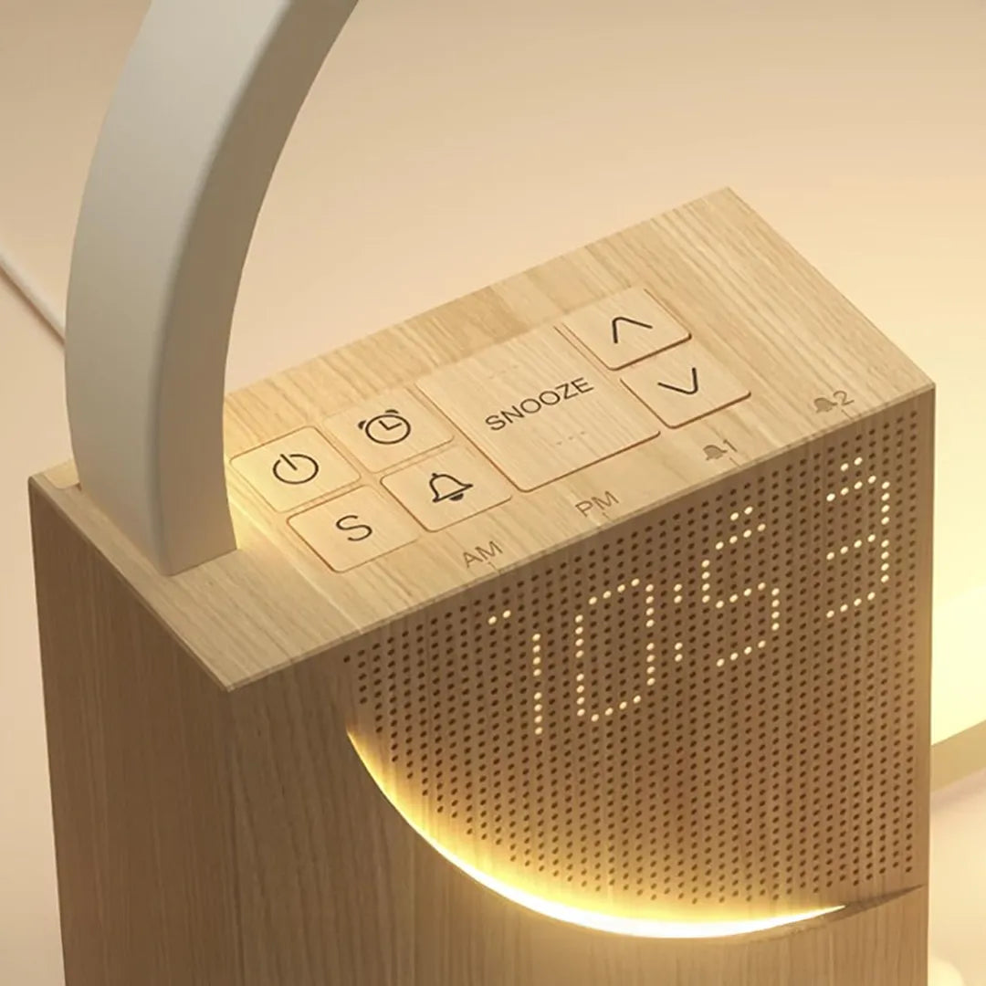 Lampara Veladora Circular con Reloj Simil Madera