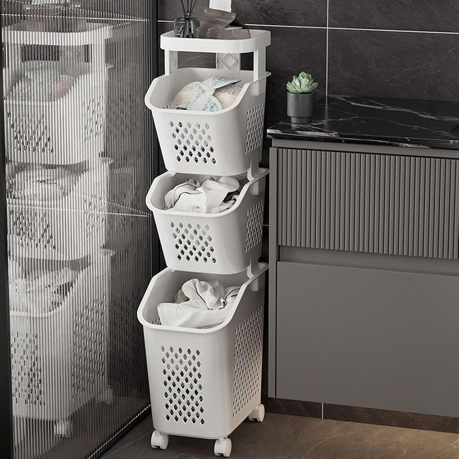 Organizador Apilable de Ropa con Tres Canastos y Ruedas