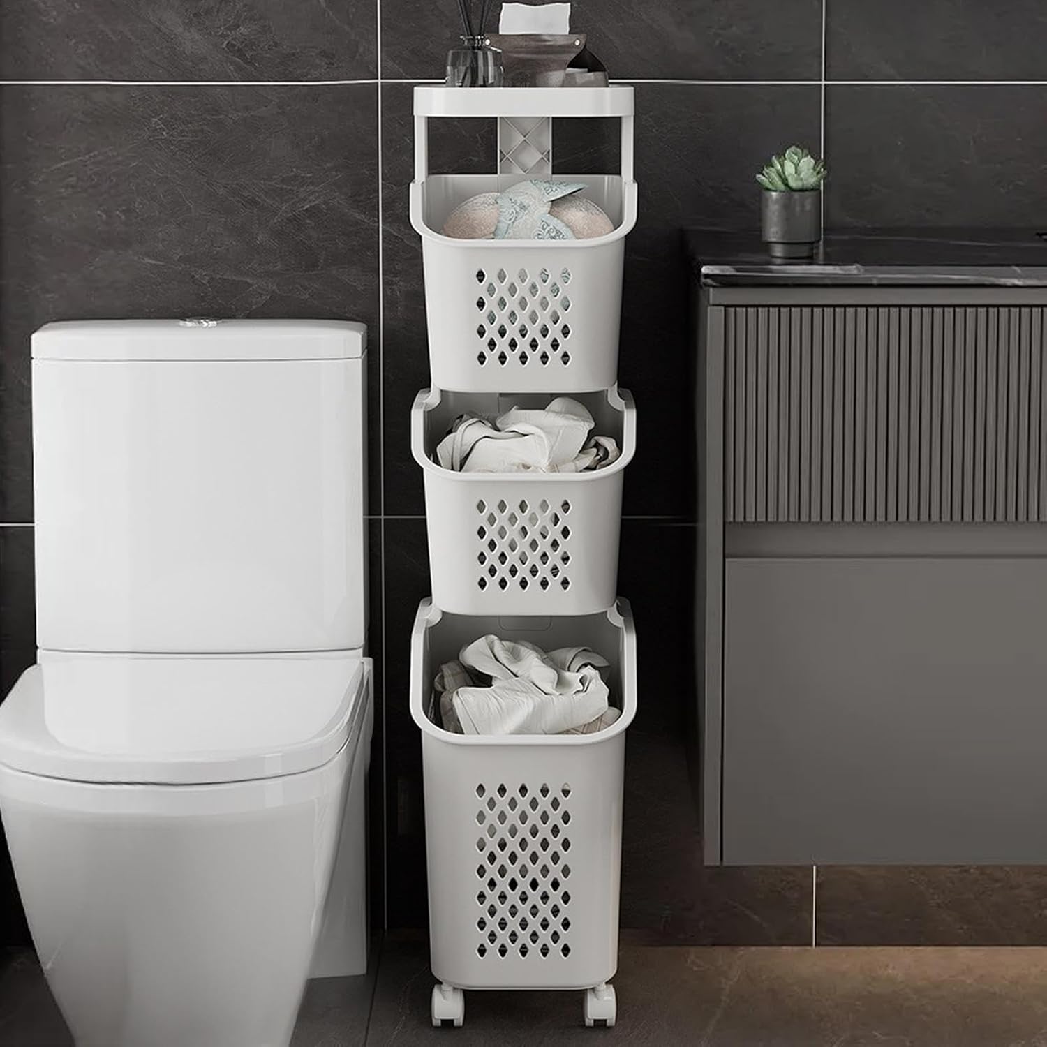 Organizador Apilable de Ropa con Tres Canastos y Ruedas