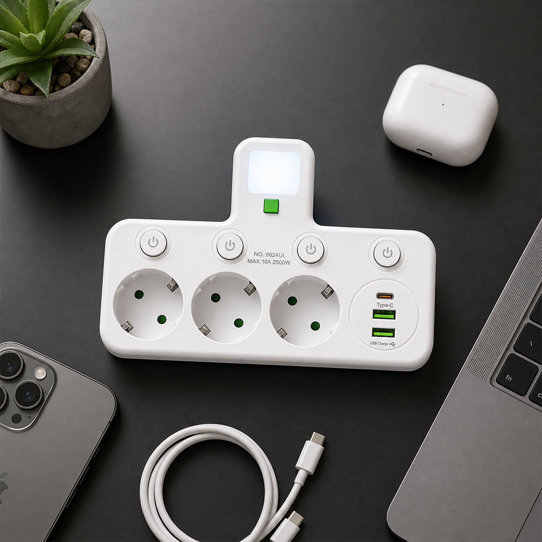 Adaptador Múltiple Schuko 3 Tomas + USB y Tipo C con Luz LED