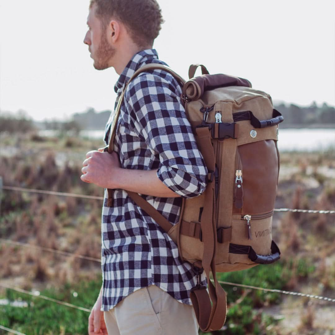 Mochila Overmont de Lona y Cuero con Gran Capacidad