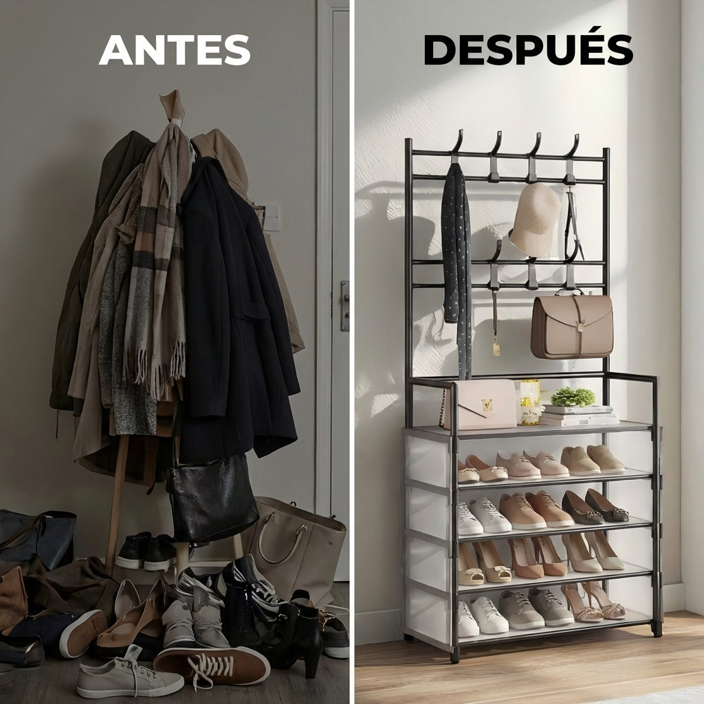 Zapatero de 5 Niveles y Perchero con Cubierta Anti Polvo