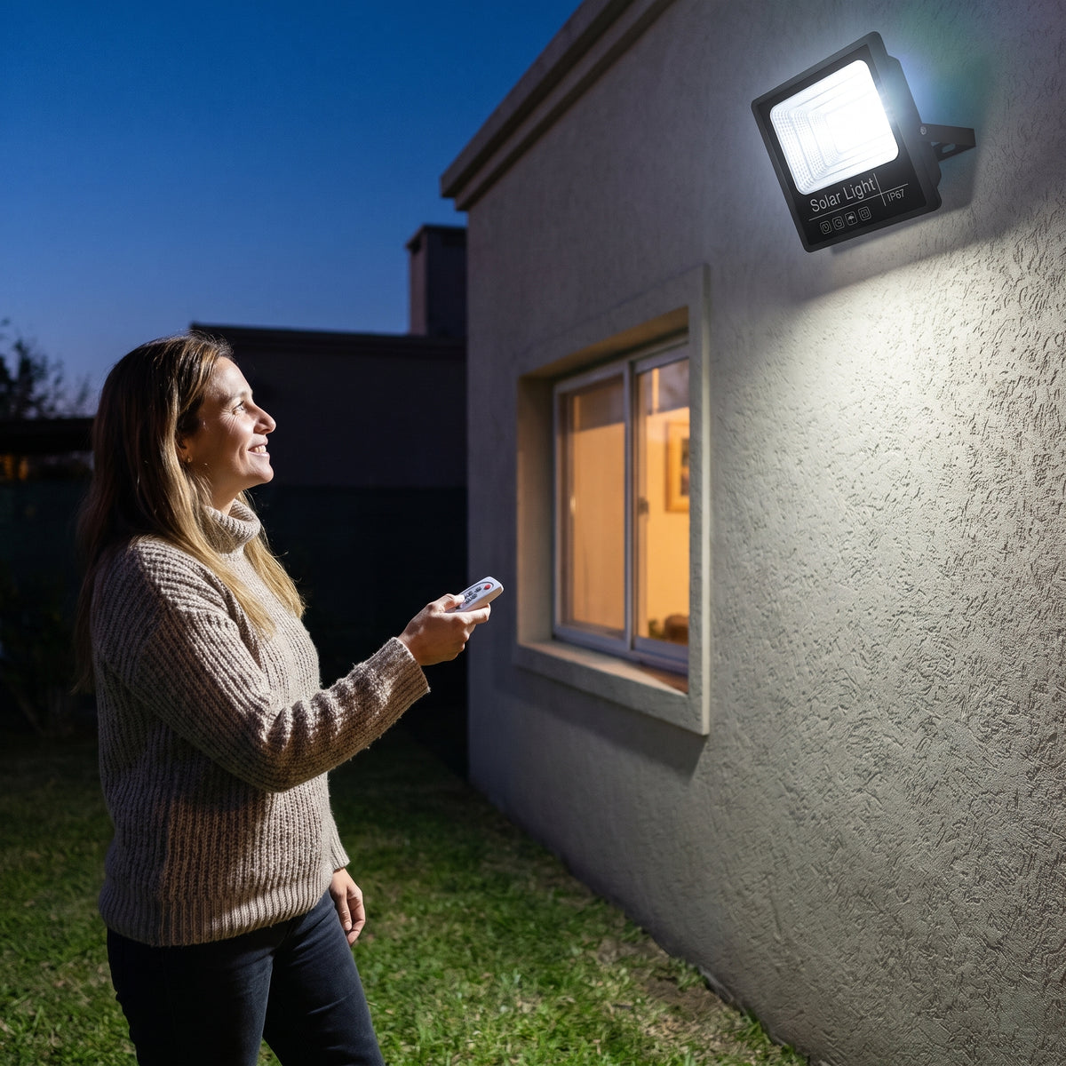 Foco Solar Led 100W con Control y Fotocélula - Control remoto en uso