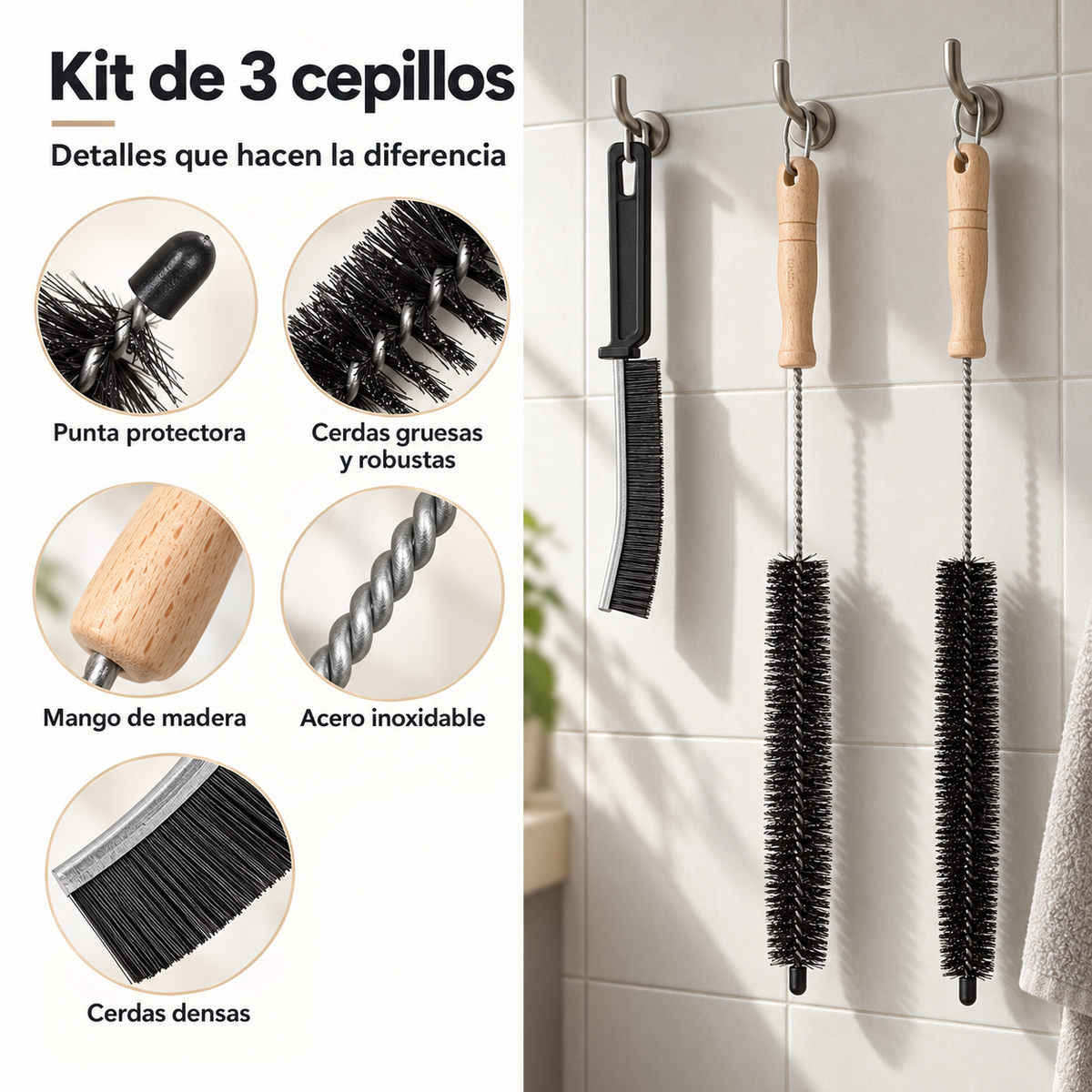 Kit de Cepillos de Limpieza de Pelusa en Acero Inox. 304