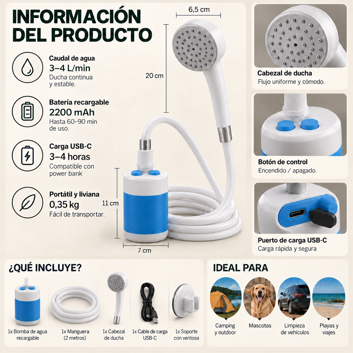Ducha de Camping Portátil Recargable Con Manguera de 2 m