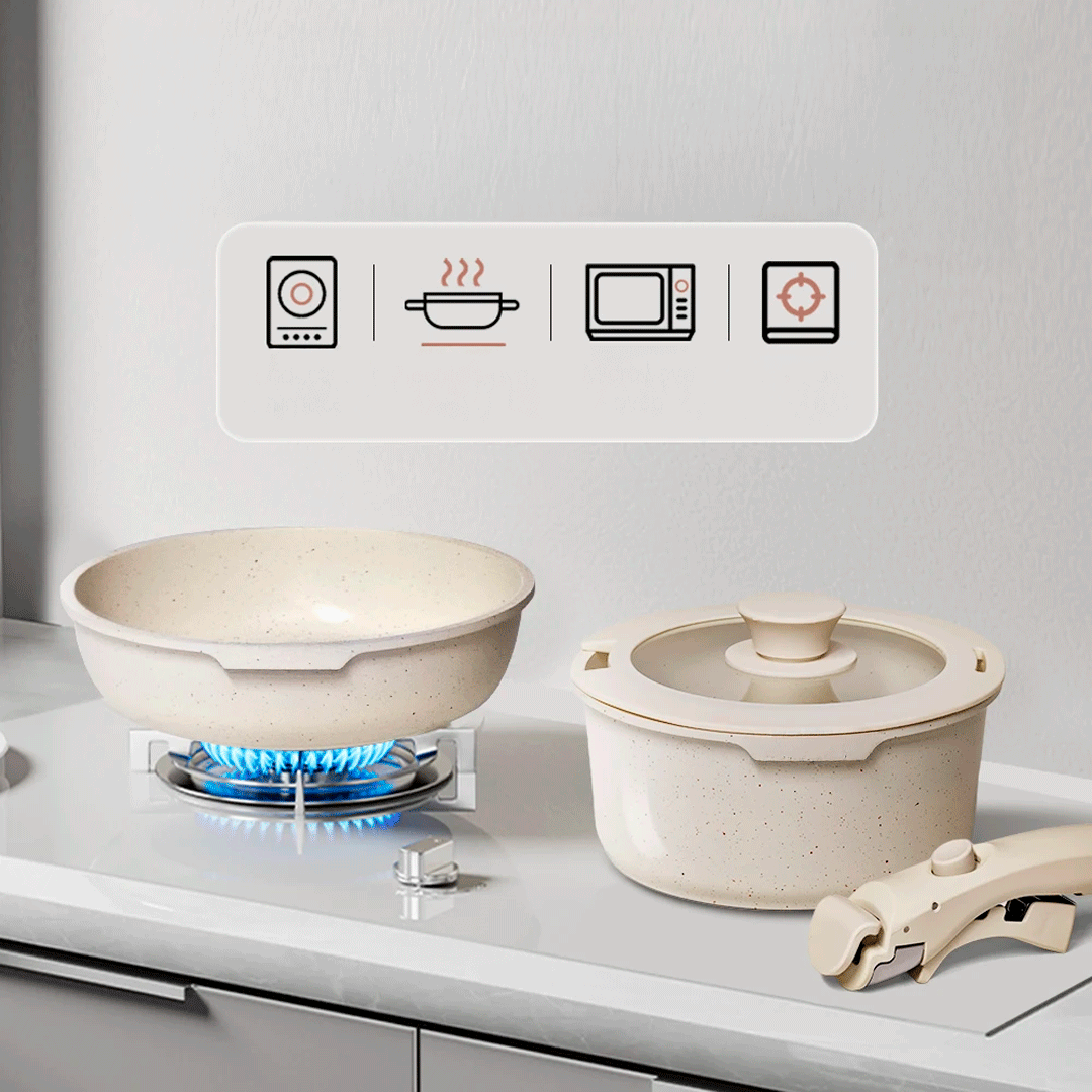 Juego de 3 Ollas y Sartenes Antiahderente Mango Extraible