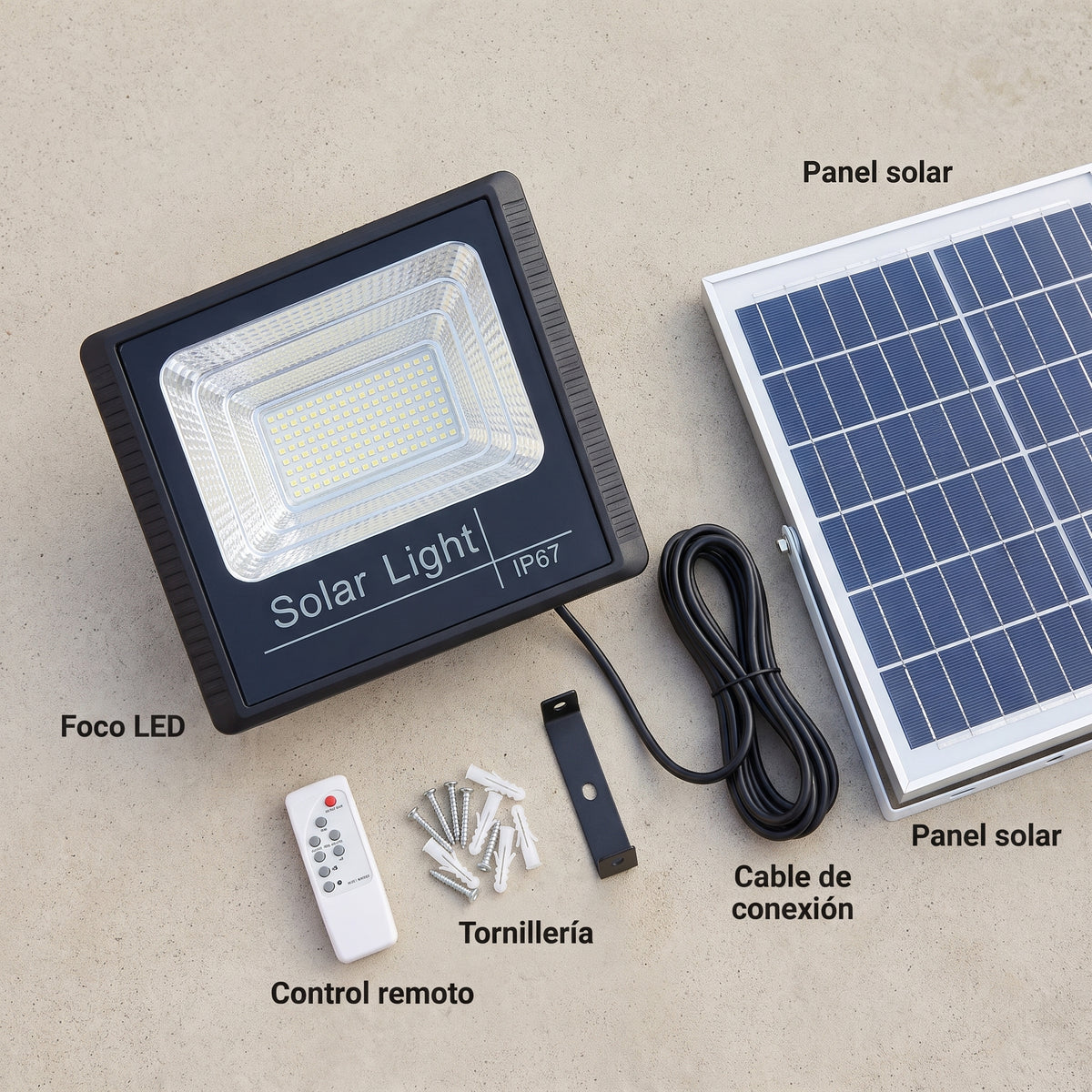 Foco Solar Led 100W con Control y Fotocélula - Qué incluye